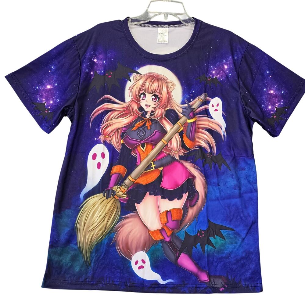 Anime Witch Shirt Dark Purple NEW Graphic Print Stretch Short Sleeves Men Size L
